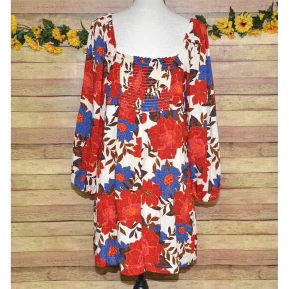 NWT Maurices Ladies L Red Blue Floral Sweetheart Mini Dress Long Sleeve Size L - Picture 6 of 10